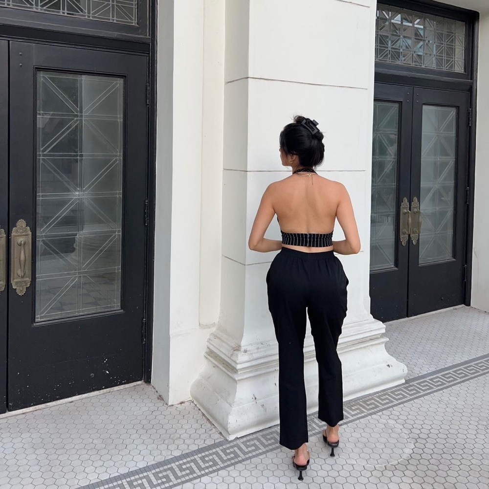 Black striped halter crop top